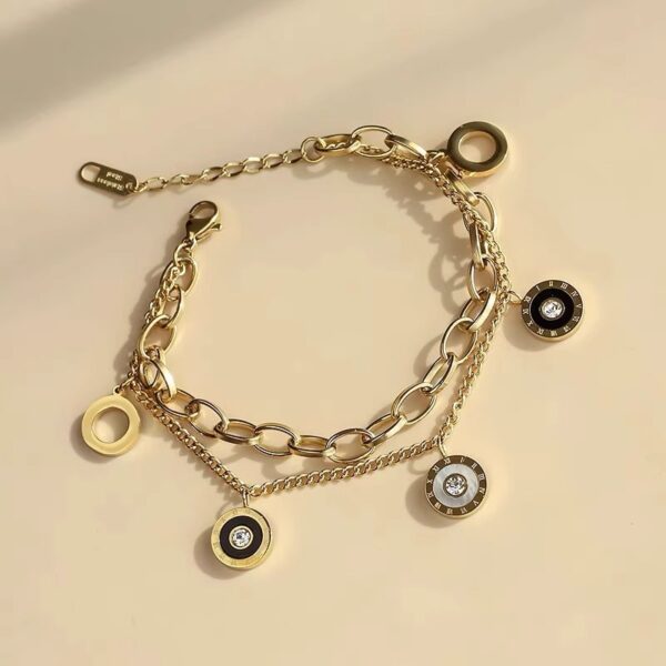 Bracelet Double Rang Vintage en Acier Titane – Zircon Noir & Blanc, Style Européen Chic